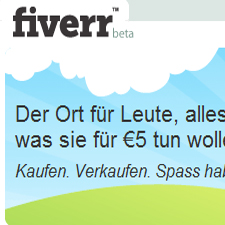 Bild: Startseite des Dienstleistungsportals fiveer.de mit weißer Wolke. blauem Himmel und grünen Hügeln, jeweils in Pastellfarben skiziert.. Dazu der Schriftzug: "Der Ort für Leute, die alles teilen können, was sie für 5 Euro tun können. Darunter: Kaufen, verkaufen, Spass haben."     